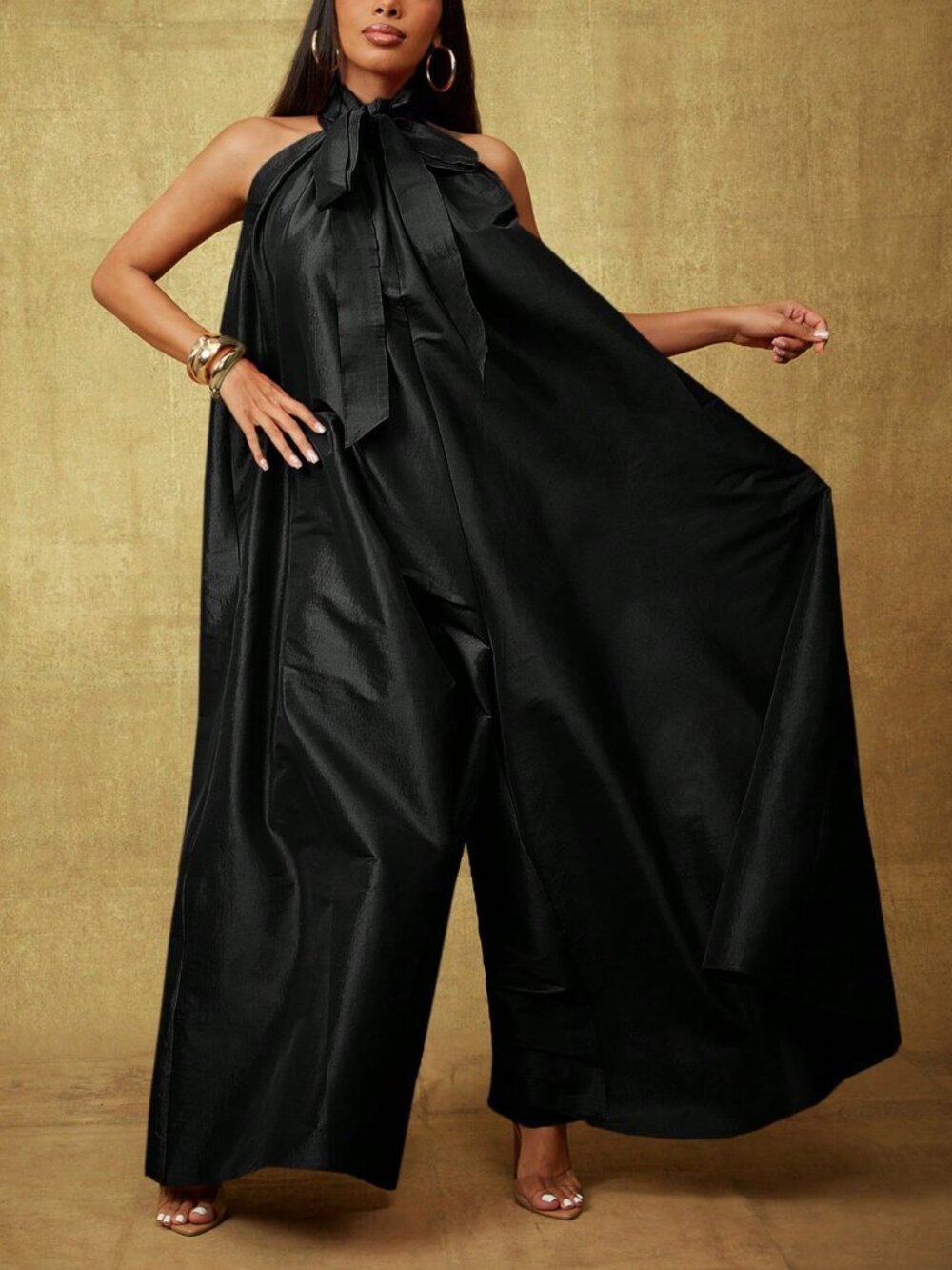 Black Elegant Women's Bow Detail Halter Neck Wide Extreme Wide Leg Jumpsuit - Picture 1 of 5